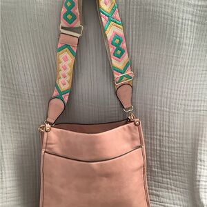Stylish Pink leather Bucket Bag with Colorful guitar Strap